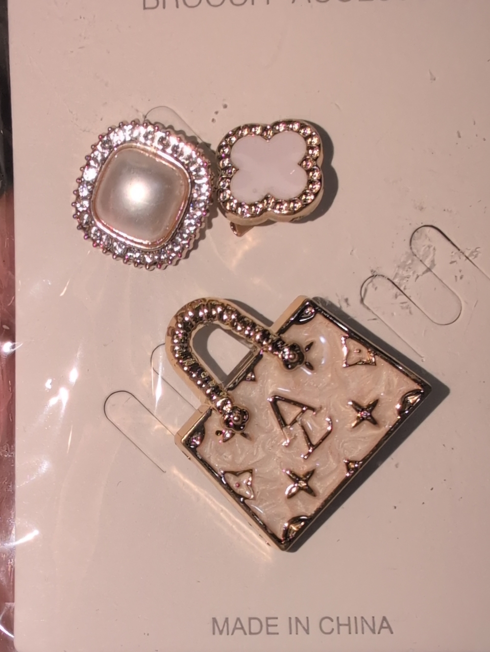 Gold and Pearl Tone Fashion Bag Brooch Set By Ellas